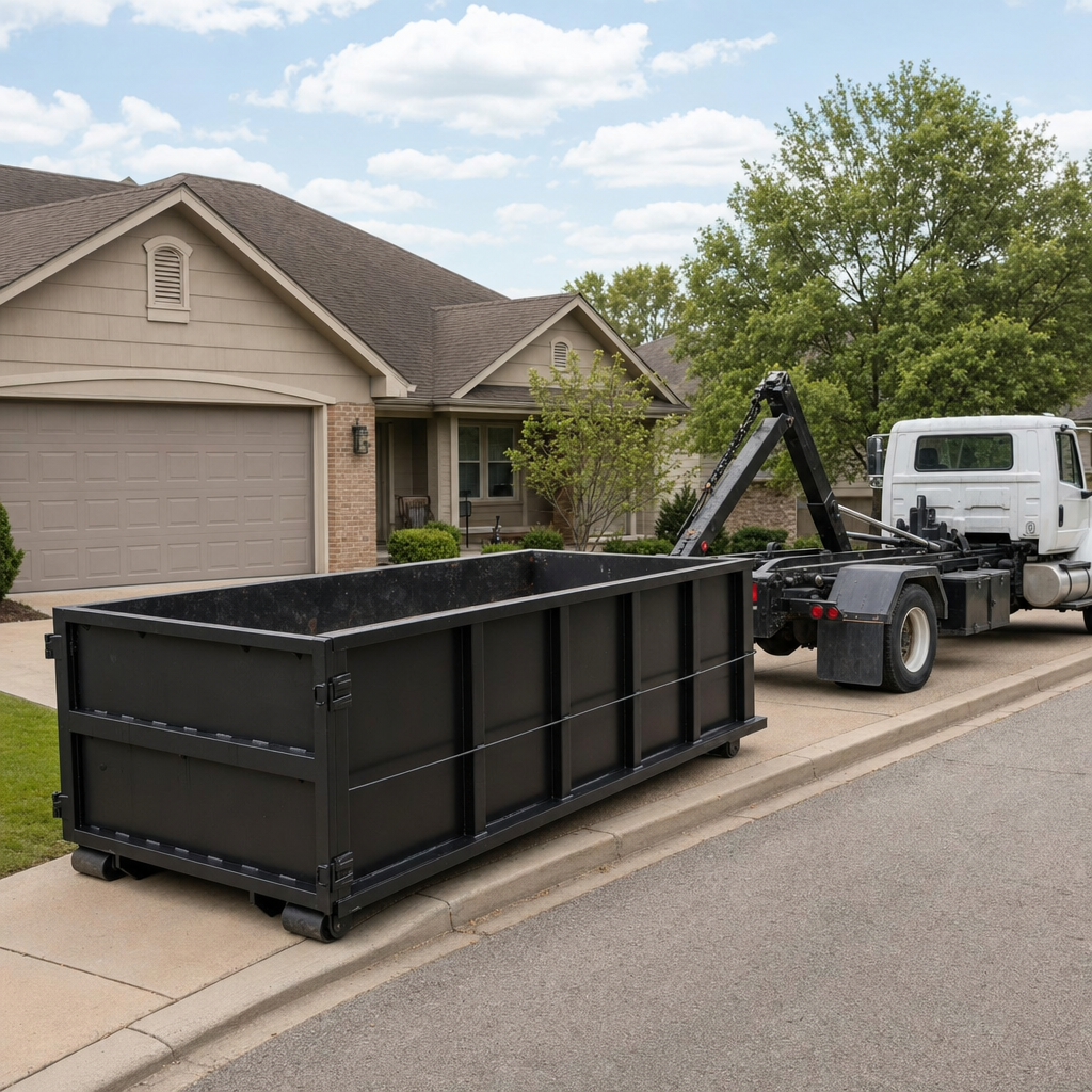 Wide documentary shot of a matte-black roll-off dumpster on a Rocky Hill residential driveway in the foreground and a contractor jobsite container in the soft-focus background, bright daylight, calm and orderly composition.